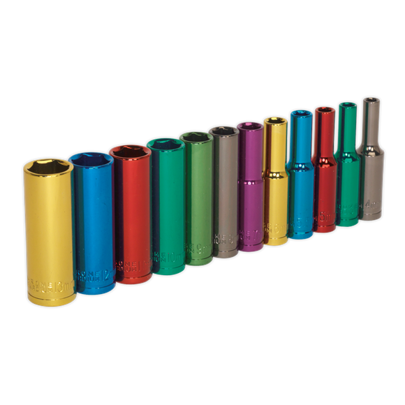 Sealey Multi-Coloured Socket Set 12pc 1/4"Sq Drive Deep WallDrive Metric AK282D Sealey - Dynamic Drive