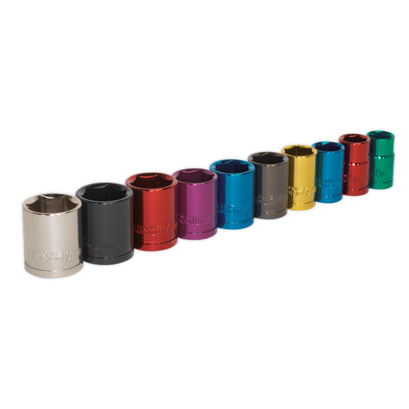 Sealey Multi-Coloured Socket Set 10pc 3/8"Sq Drive 6pt WallDrive Metric AK285 Sealey - Dynamic Drive