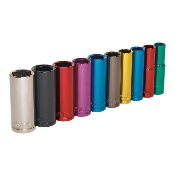 Sealey Multi-Coloured Socket Set 10pc 3/8"Sq Drive 6pt Deep WallDrive Metric Sealey - Dynamic Drive