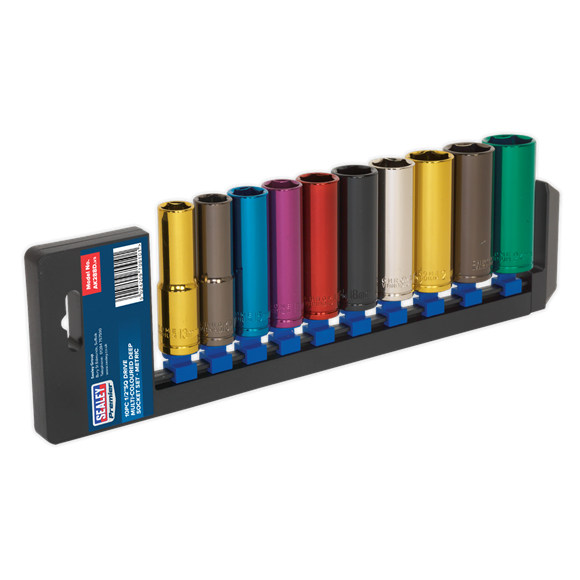Sealey Multi-Coloured Socket Set 10pc 1/2"Sq Drive 6pt Deep WallDrive Metric Sealey - Dynamic Drive
