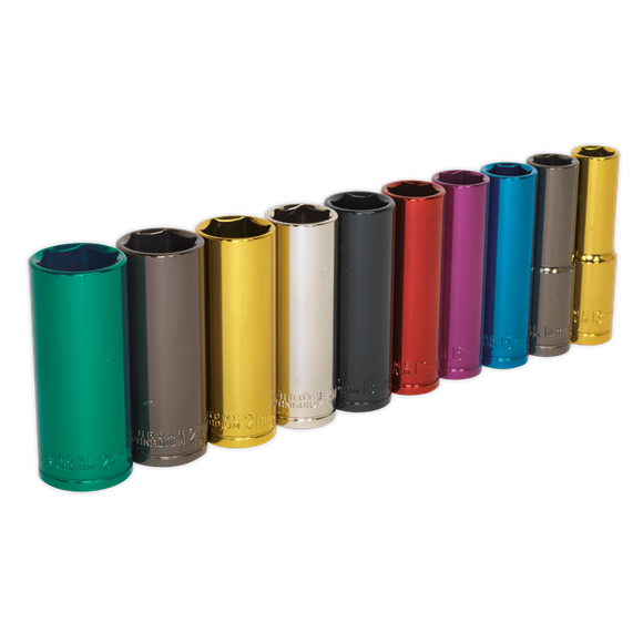 Sealey Multi-Coloured Socket Set 10pc 1/2"Sq Drive 6pt Deep WallDrive Metric Sealey - Dynamic Drive
