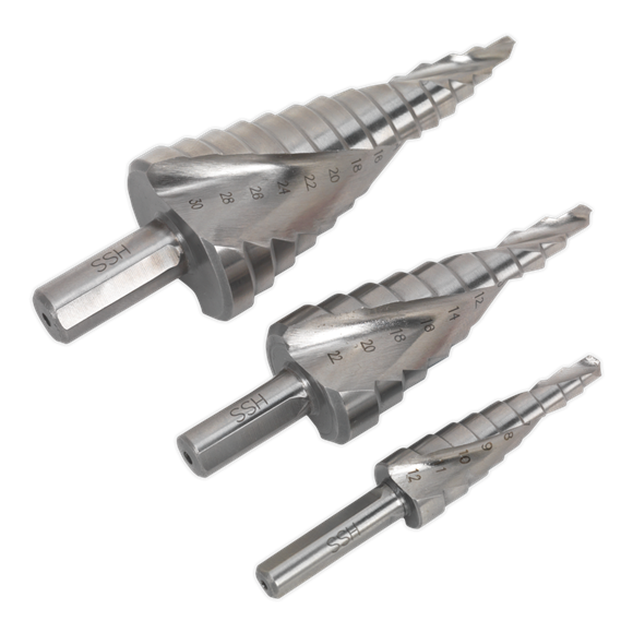 Sealey HSS 4341 Step Drill Bit Set 3pc Spiral Flute AK4749 Sealey - Dynamic Drive