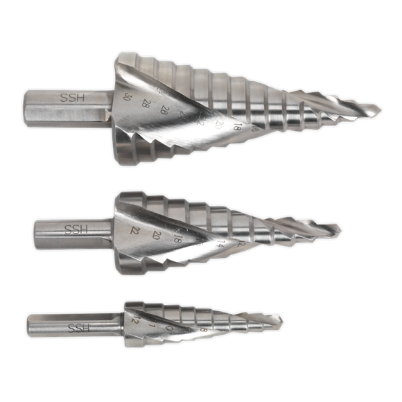 Sealey HSS 4341 Step Drill Bit Set 3pc Spiral Flute AK4749 Sealey - Dynamic Drive