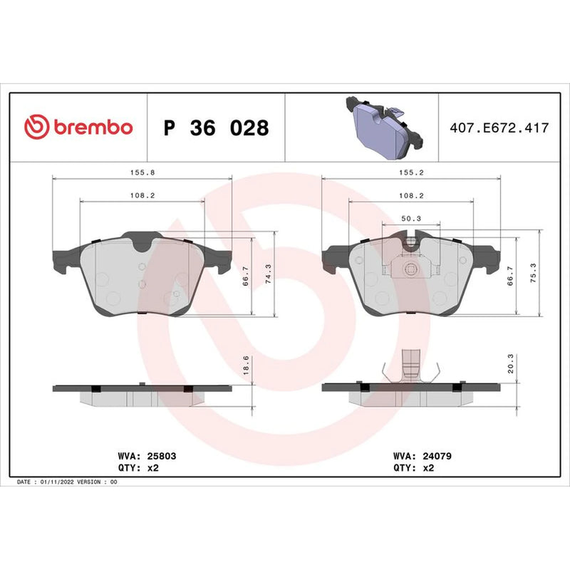 Brembo 4 x Front Brake Pad Set fits Jaguar F-Type 2012-2017 2.0 3.0 5.0