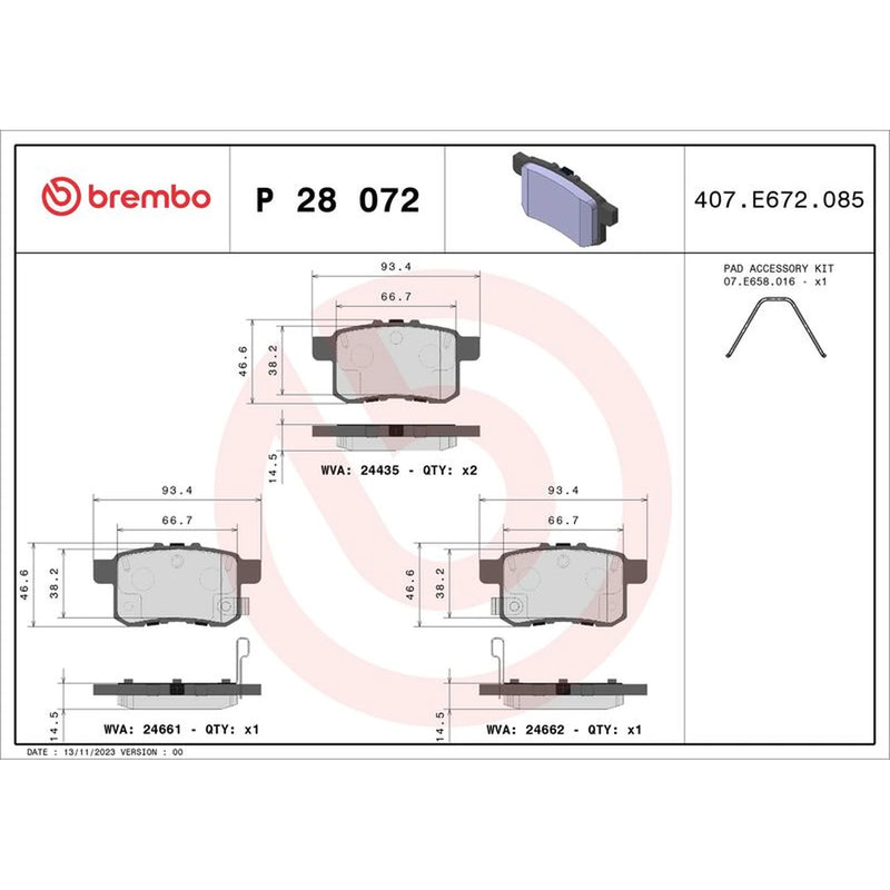 Brembo 4 x Rear Brake Pad Set fits Honda Accord IX 2012 on 2.4 3.5
