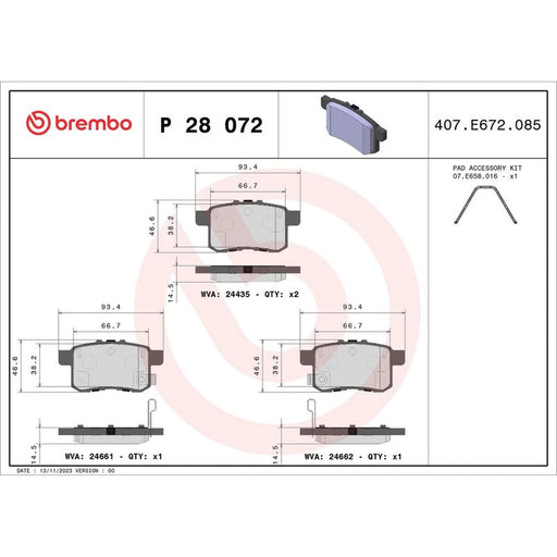 Brembo 4 x Rear Brake Pad Set fits Honda Accord IX 2012 on 2.4 3.5