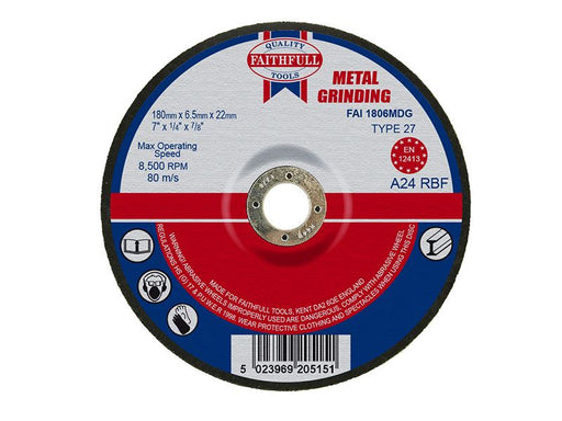 Faithfull Depressed Centre Metal Grinding Disc 180 x 6.5 x 22.23mm Faithfull - Dynamic Drive