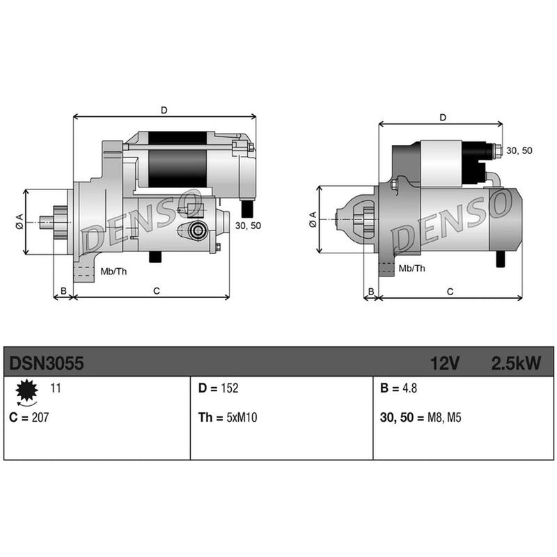 Denso Starter Motor 12V 2.5kW 11 Teeth fits Citroën C-Crosser 2007-2012 2.2