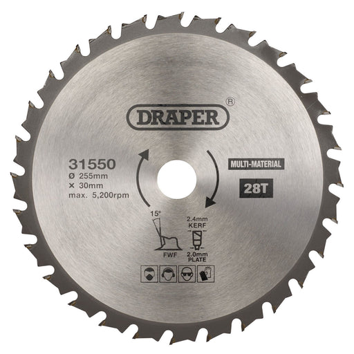 Draper TCT Multi-Purpose Circular Saw Blade, 255 x 30mm, 28T 31550 Draper - Dynamic Drive