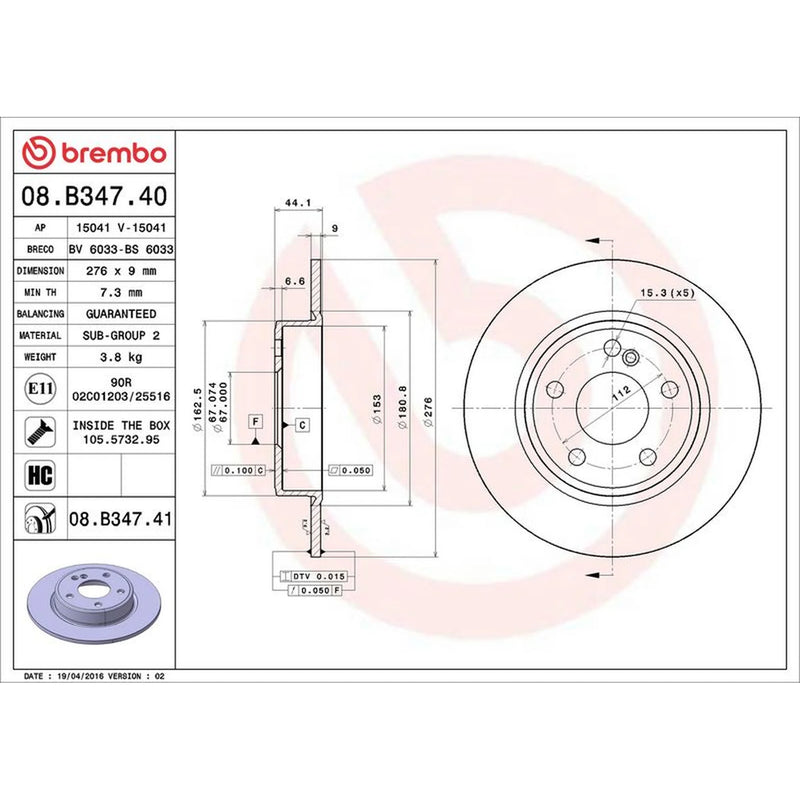 Brembo 2 x Solid Rear Brake Discs 08.B347.41-x2