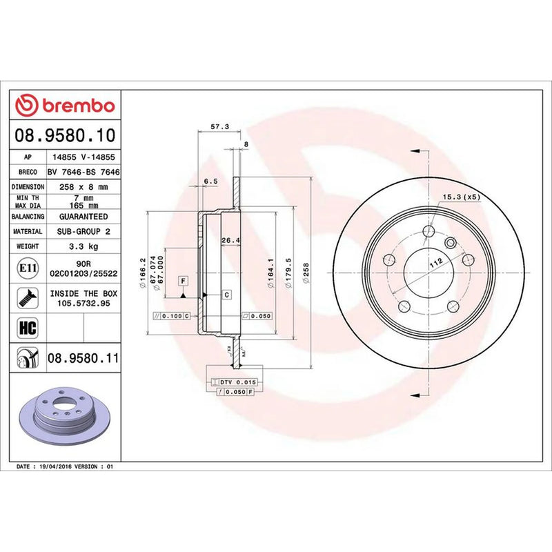 Brembo 2 x Solid Rear Brake Discs 08.9580.11-x2