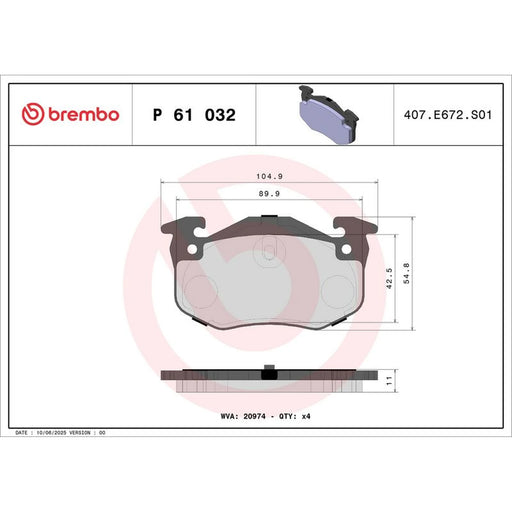 Brembo 4 x Rear Brake Pad Set fits Citroën Saxo 1996-2004 1.6