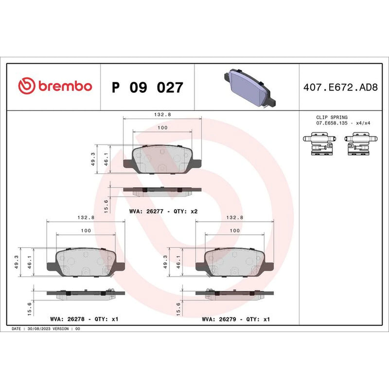 Brembo 4 x Rear Brake Pad Set fits Tesla Model 3 2017-2020