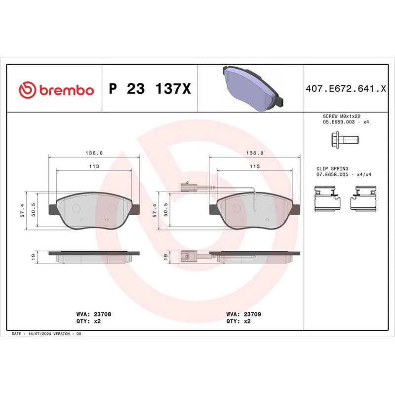Brembo 4 x Front Brake Pad Set fits Abarth 500 / 595 / 695 2008 on 1.4