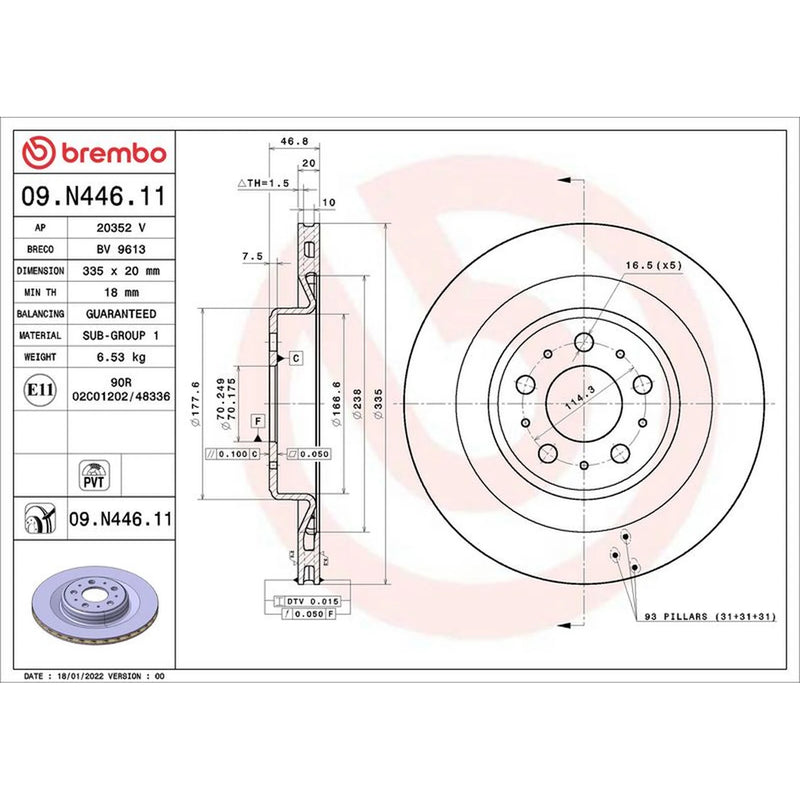 Brembo 2 x Internally Vented Brake Discs fits Tesla Model Y 2021-2025