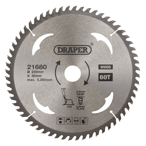 Draper TCT Circular Saw Blade for Wood, 250 x 30mm, 60T 21680 Draper - Dynamic Drive