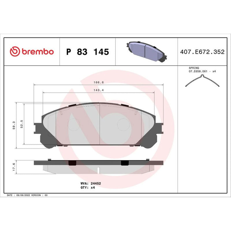 Brembo 4 x Front Brake Pad Set fits Lexus Es 2018 on