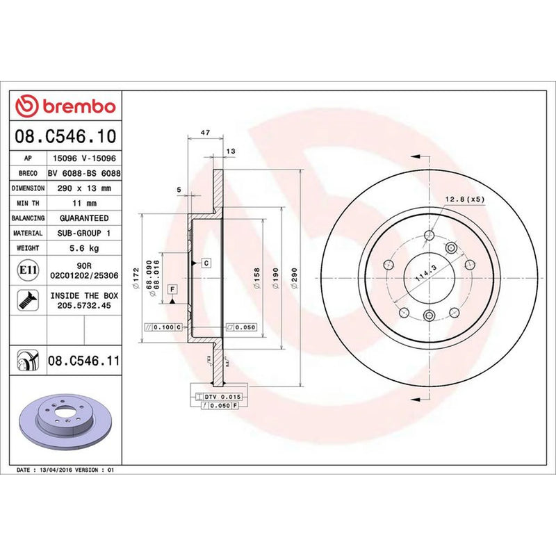 Brembo 2 x Solid Rear Brake Discs 08.C546.11-x2