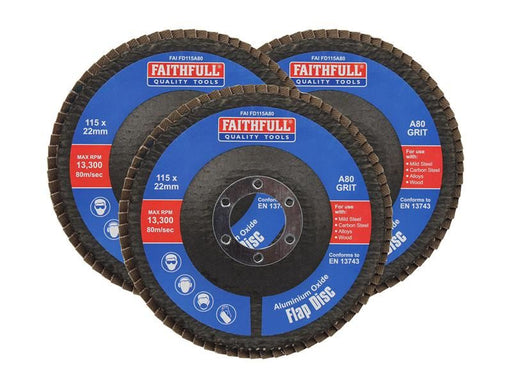 Faithfull Aluminium Oxide Flap Disc 115 x 22mm 80 Grit (3 Pack) Faithfull - NN4 Online