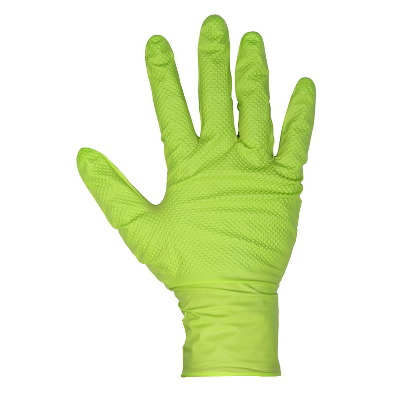 Diamond Grip Extra-Thick Nitrile Powder-Free Gloves Hi-Vis Green Large Pack 50 Sealey - Dynamic Drive
