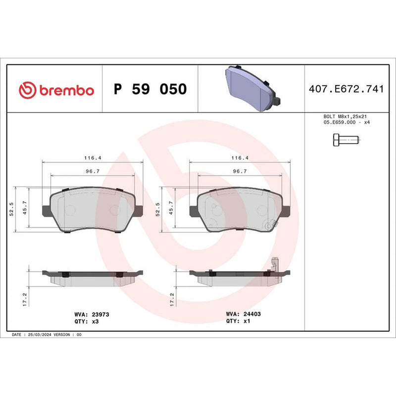 Brembo 4 x Front Brake Pad Set fits Opel Agila B 2008-2014 1.0 1.2 1.3