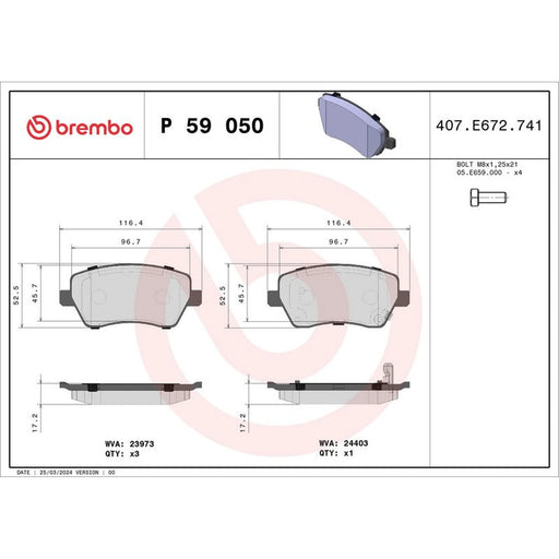 Brembo 4 x Front Brake Pad Set fits Opel Agila B 2008-2014 1.0 1.2 1.3