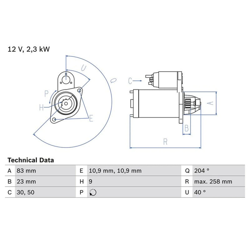 Bosch Starter Motor 12V 2.3kW 9 Teeth
