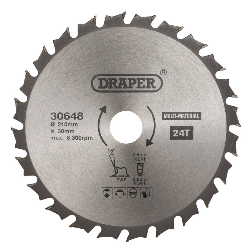Draper TCT Multi-Purpose Circular Saw Blade, 210 x 30mm, 24T 30648 Draper - Dynamic Drive