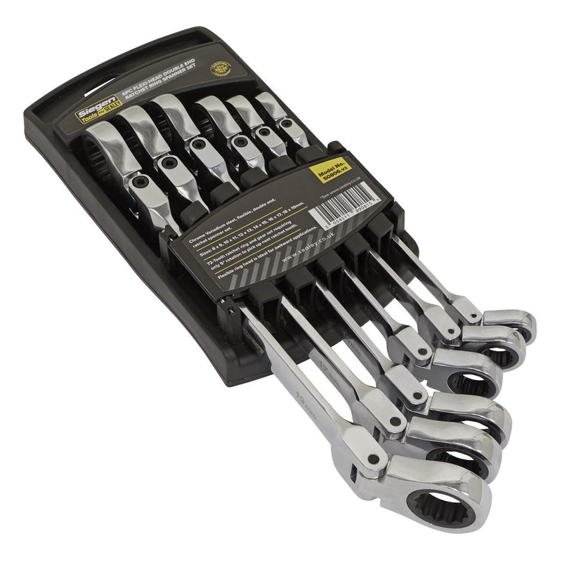 Sealey Flexi-Head Double End Ratchet Ring Spanner Set 6pc Metric S0806 Siegen by Sealey - Dynamic Drive