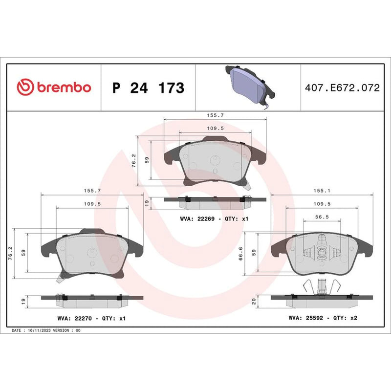 Brembo 4 x Front Brake Pad Set fits Ford Galaxy 2019-2023 2.0