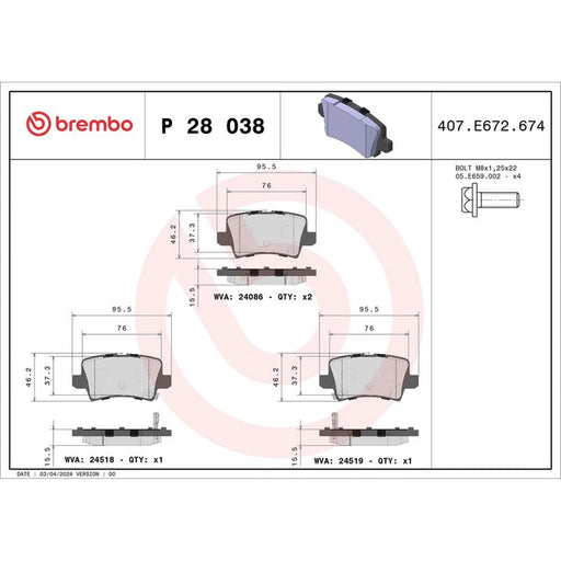 Brembo 4 x Rear Brake Pad Set fits Honda Civic VIII 2005-2012 1.4 1.8 2.0 2.2