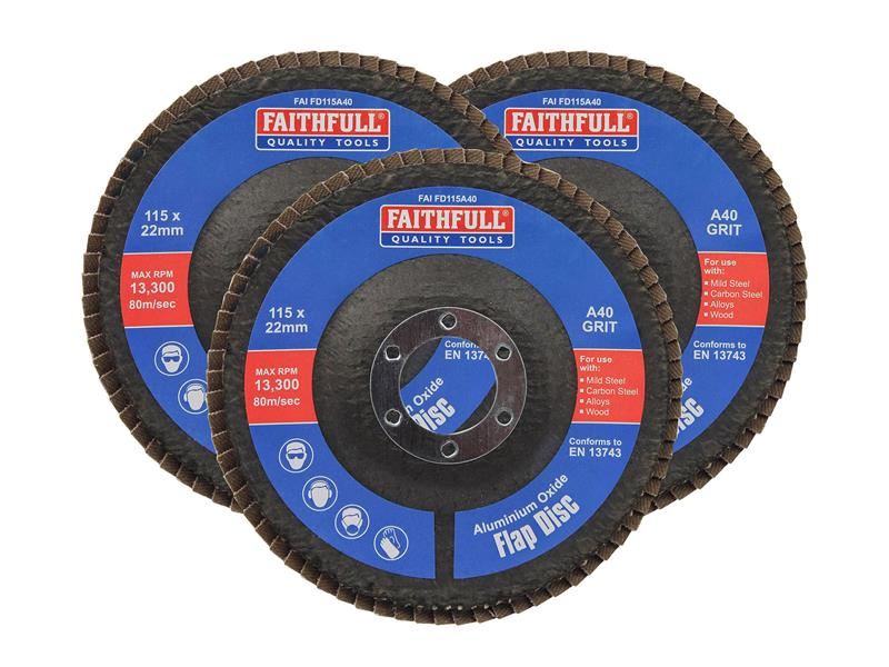 Faithfull Aluminium Oxide Flap Disc 115 x 22mm 40 Grit (3 Pack) Faithfull - NN4 Online