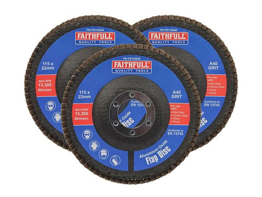 Faithfull Aluminium Oxide Flap Disc 115 x 22mm 40 Grit (3 Pack) Faithfull - NN4 Online