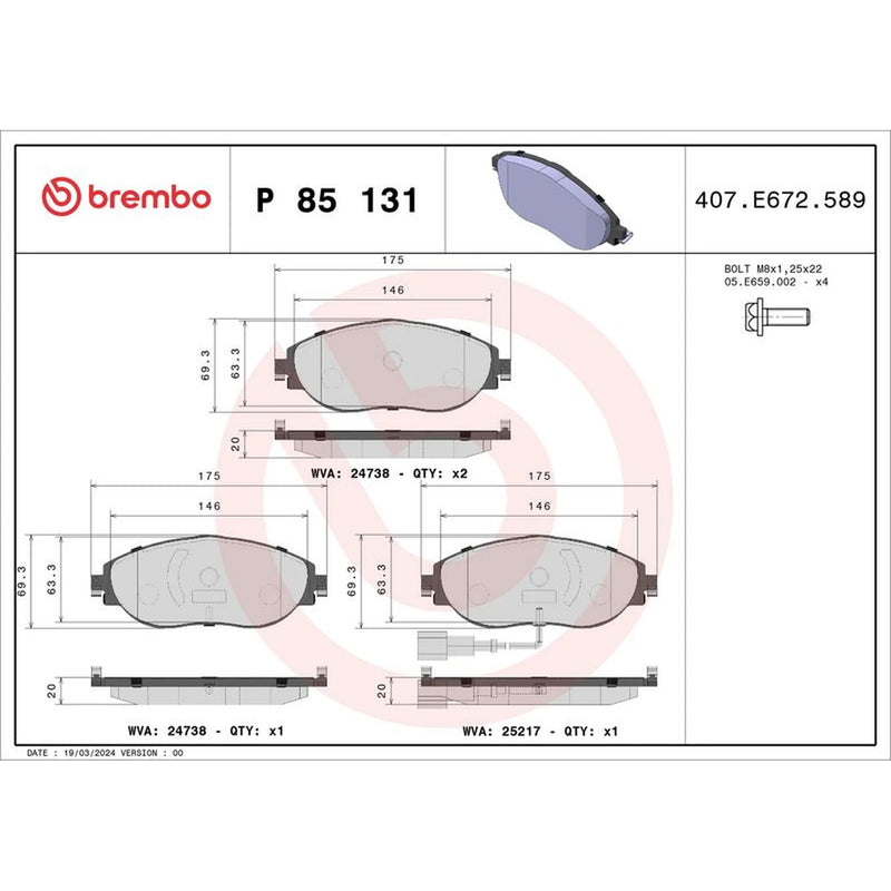 Brembo 4 x Front Brake Pad Set fits Seat Alhambra 2010-2022 1.4 1.8 2.0