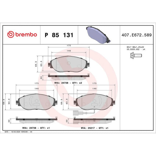 Brembo 4 x Front Brake Pad Set fits Seat Alhambra 2010-2022 1.4 1.8 2.0