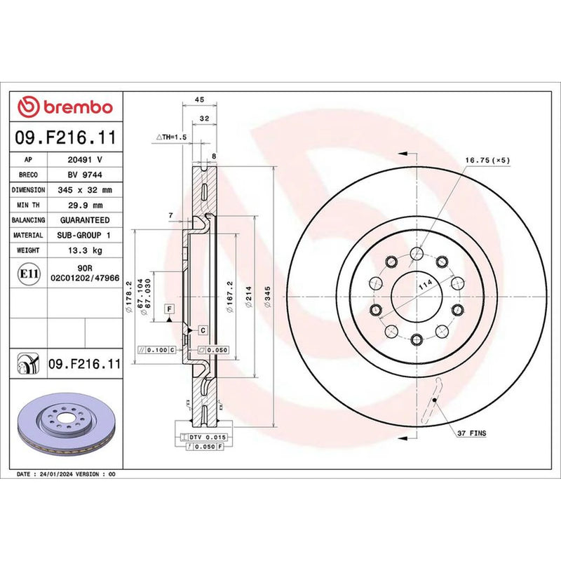 Brembo 2 x Internally Vented Brake Discs fits Maserati Levante SUV 2016 on 3.0
