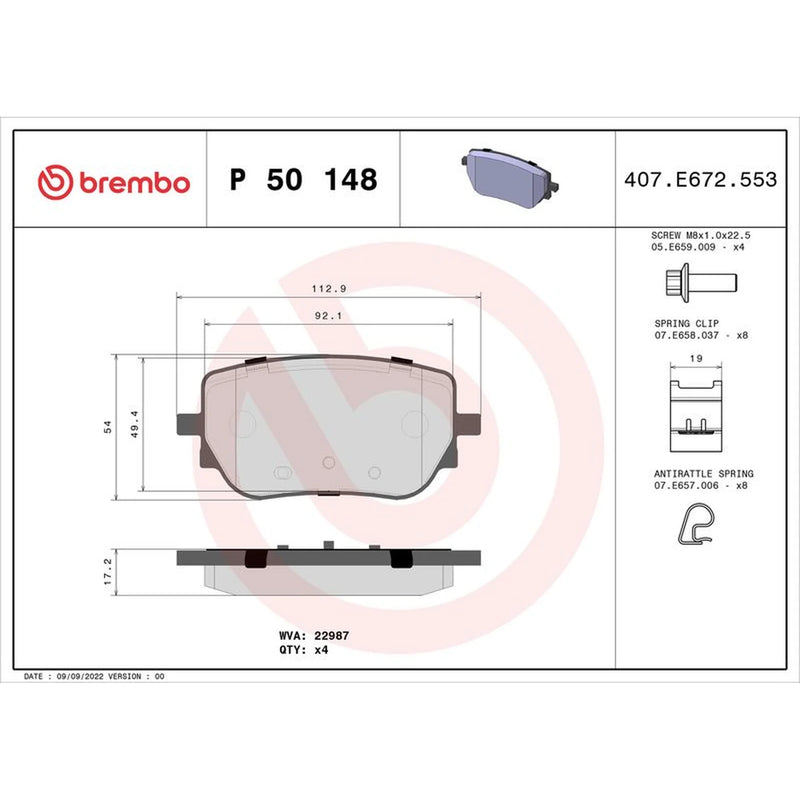 Brembo 4 x Rear Brake Pad Set fits Mercedes-Benz A-Class 2018-2020