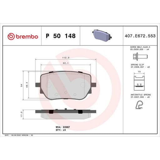 Brembo 4 x Rear Brake Pad Set fits Mercedes-Benz A-Class 2018-2020