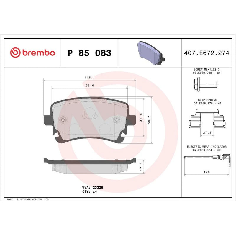 Brembo 4 x Rear Brake Pad Set fits VW California T5 Camper 2007-2015 1.9 2.0