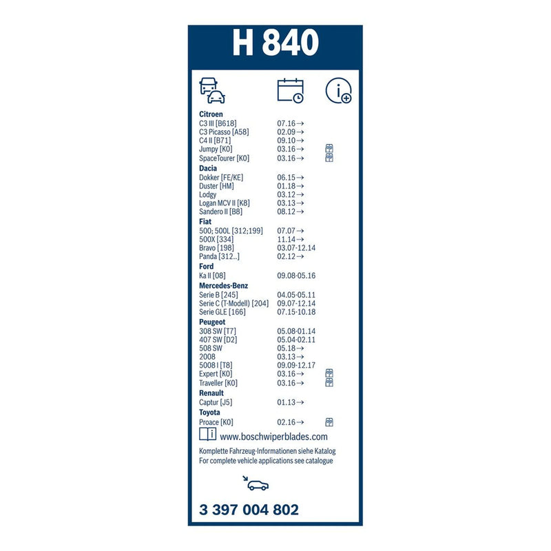 Bosch Conventional Wiper Blade 290mm — H840 fits Abarth 500 2008 on 1.4