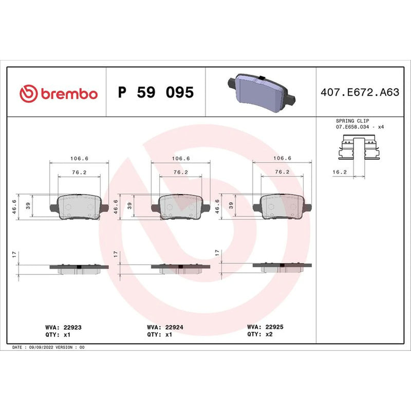 Brembo 4 x Rear Brake Pad Set fits Opel Insignia B Country Tourer 2017-2018