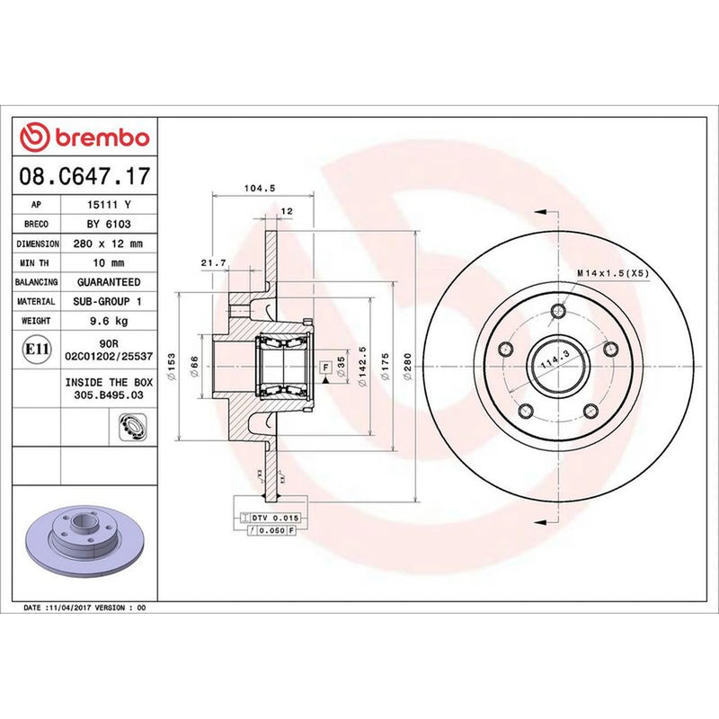 Brembo 2 x Solid Rear Brake Discs 08.C647.17-x2