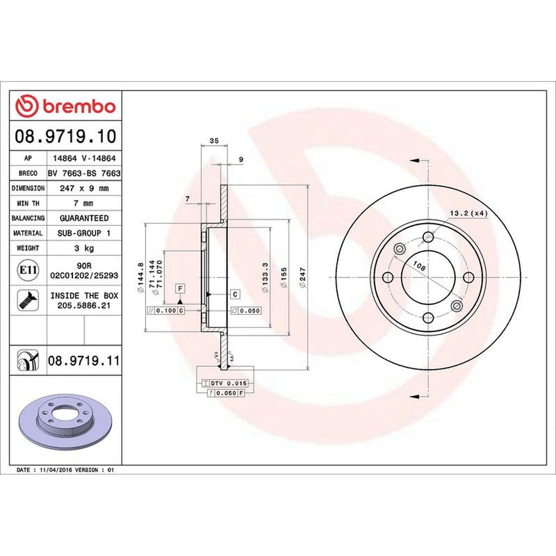 Brembo 2 x Solid Rear Brake Discs 08.9719.11-x2