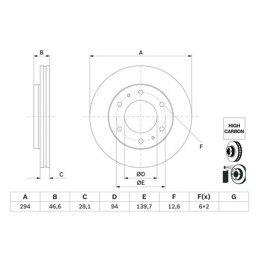 Bosch 2 x Vented Brake Discs fits Fiat Fullback Pickup 2016 on 2.4