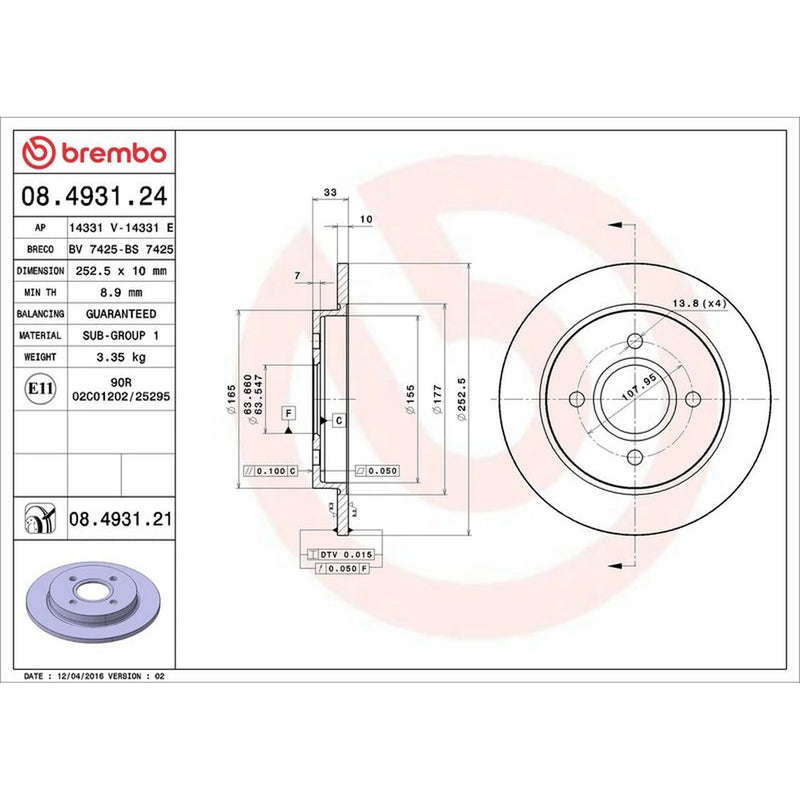 Brembo 2 x Solid Rear Brake Discs 08.4931.21-x2