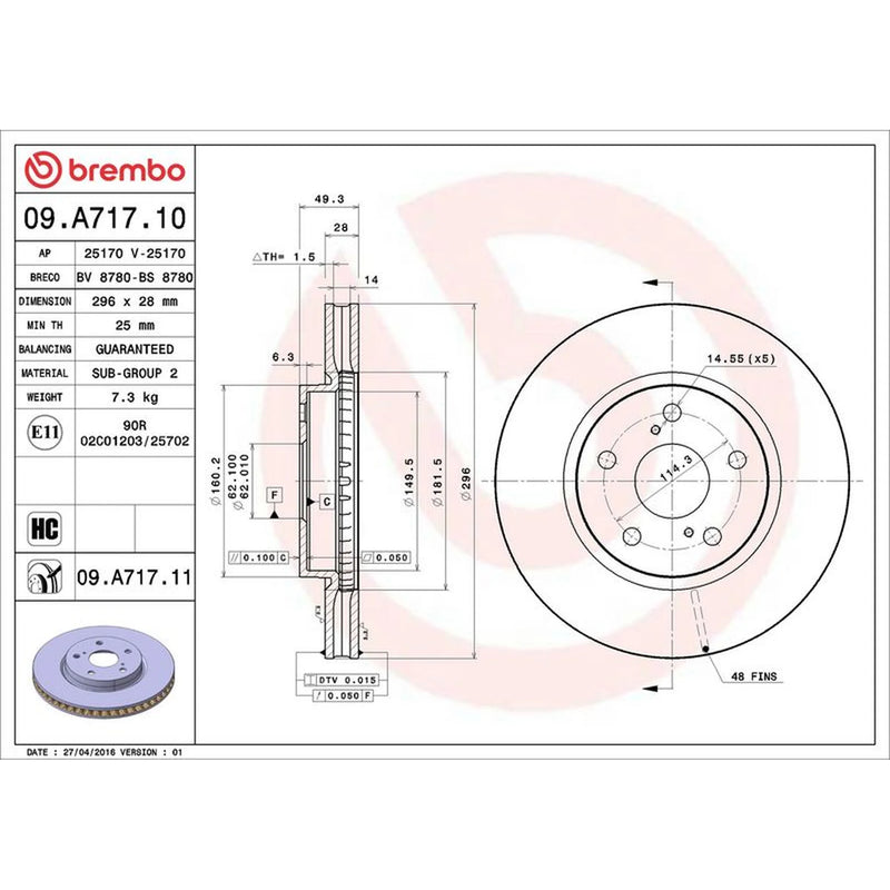 Brembo 2 x Internally Vented Front Brake Discs 09.A717.11-x2