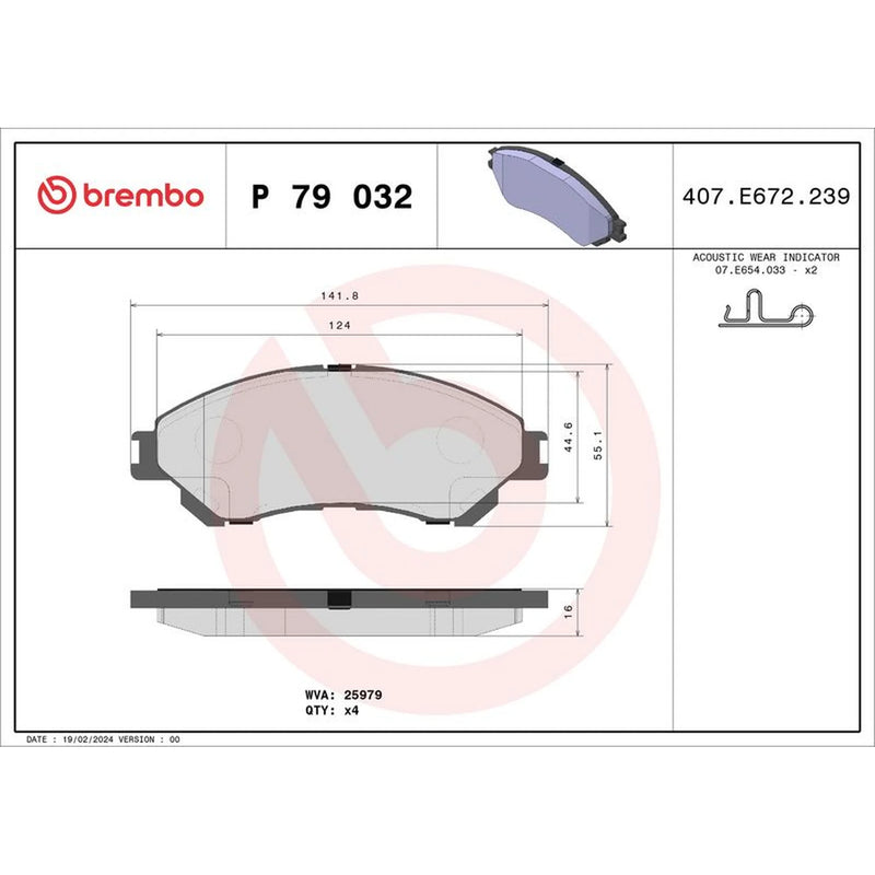 Brembo 4 x Front Brake Pad Set fits Suzuki S-Cross 2022 on 1.4 1.5