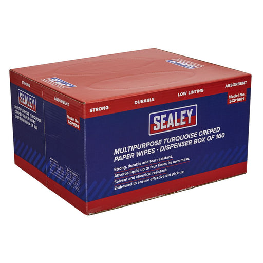 Sealey Multipurpose Paper Wipes in Dispenser Box Creped Turquoise 69gsm 160 Shee Sealey - Dynamic Drive