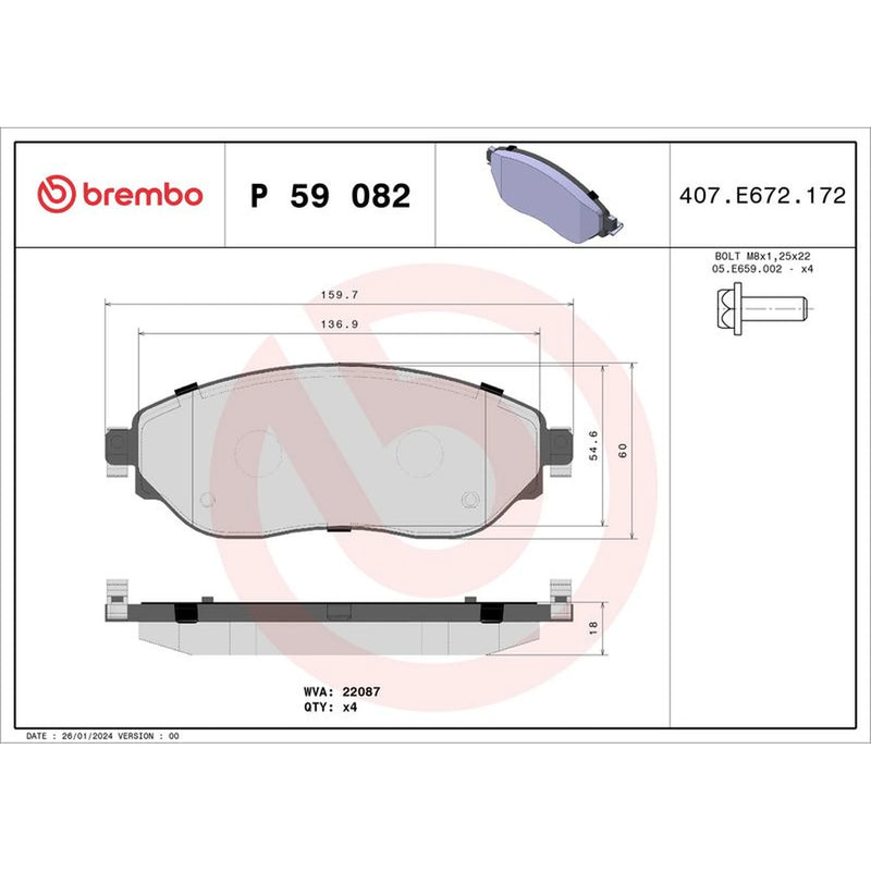 Brembo 4 x Front Brake Pad Set fits Fiat Talento 2016 on 1.6