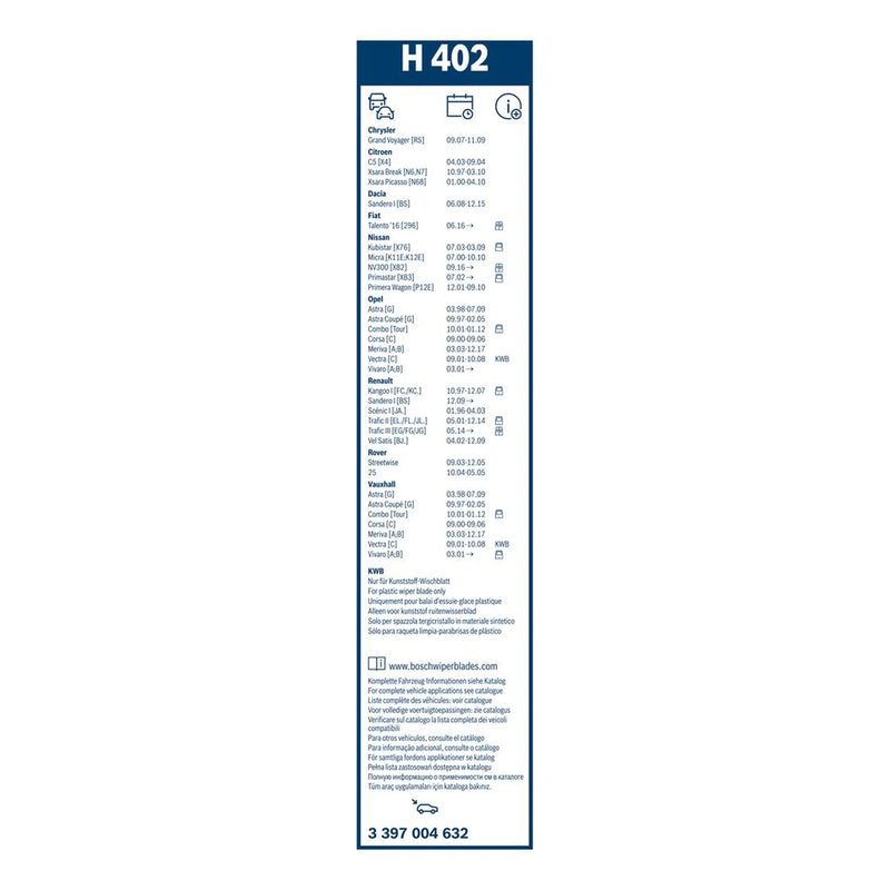 Bosch Conventional Wiper Blade 400mm — H402 fits Chevrolet Zafira 2001-2012 2.0
